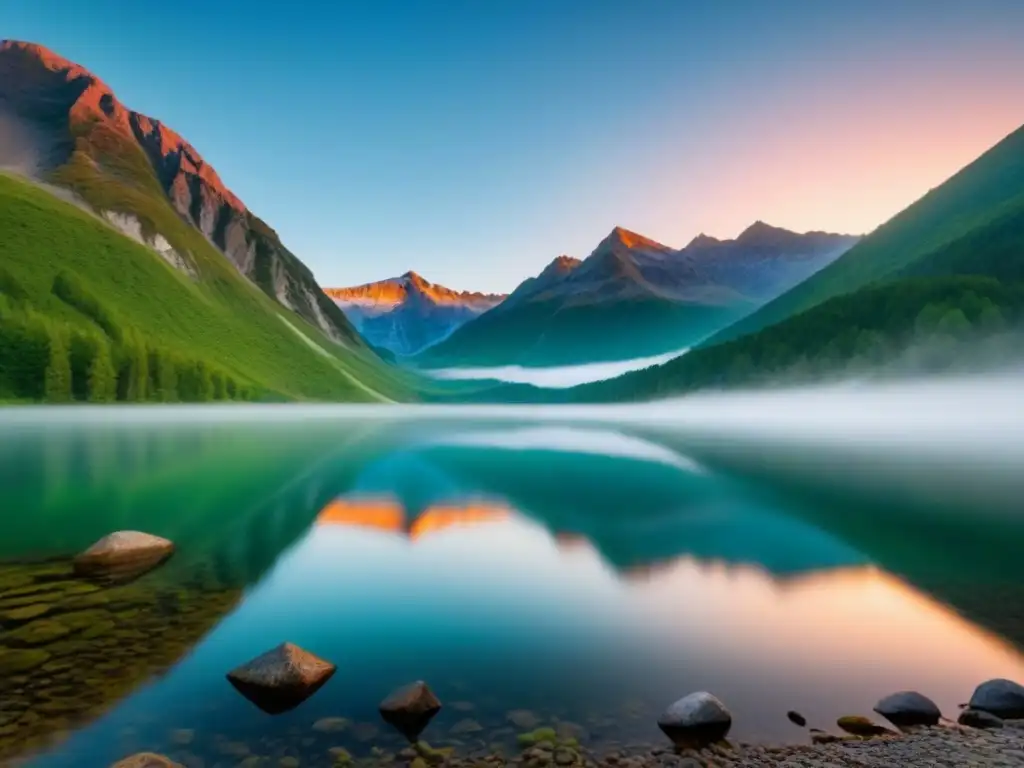 Retiro de yoga sostenible en la naturaleza: amanecer en lago de montaña cristalino rodeado de bosques verdes y picos nevados