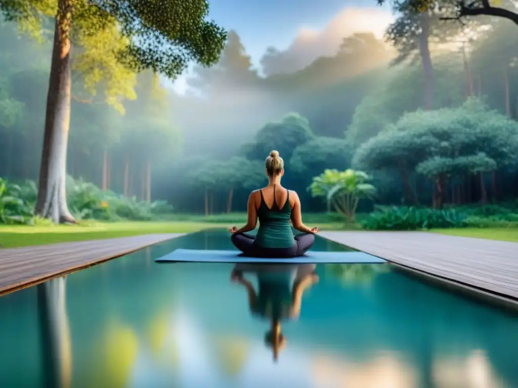 Retiro de yoga sostenible en la naturaleza, con árboles altos, estanque y cielo azul