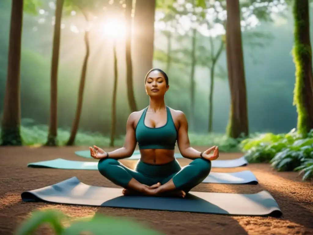 Retiro de yoga sostenible en la naturaleza: grupo diverso practicando yoga en un bosque verde al atardecer