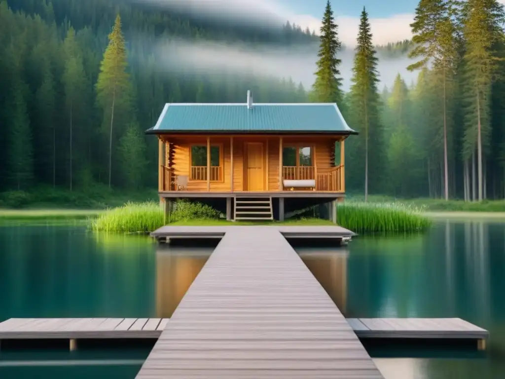 Retiro sostenible en la naturaleza: cabaña de madera rodeada de pinos, lago tranquilo y paz boscosa