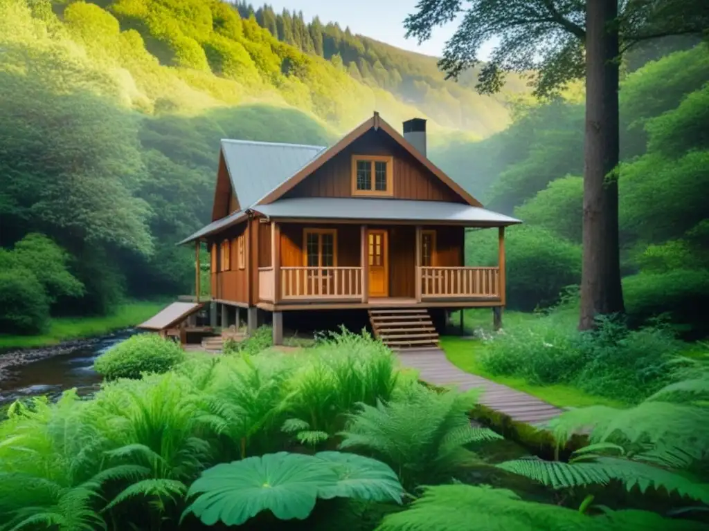 Retiro sostenible en la naturaleza: cabaña de madera en bosque verde con arroyo y tranquilidad