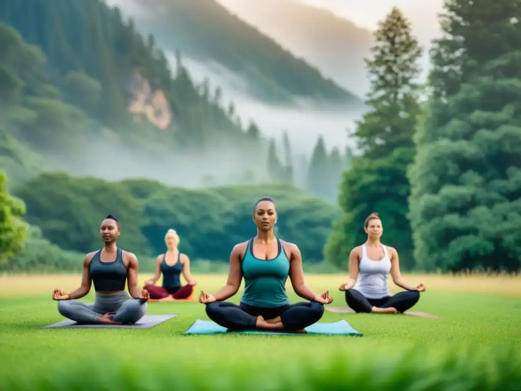 Retiro de yoga sostenible: grupo diverso practica yoga en la naturaleza, unidos en tranquilidad y conexión con la tierra