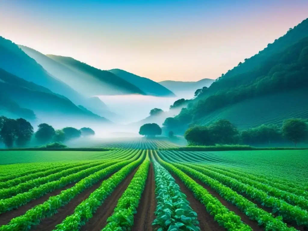 Retiros de bienestar en una granja orgánica verde con cultivos vibrantes bajo un cielo azul, rodeada de naturaleza serena y colinas