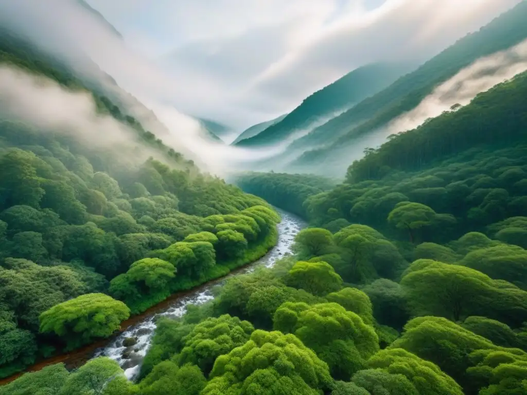 Retiros de bienestar sostenible en la naturaleza: bosque exuberante visto desde arriba, con montañas distantes cubiertas de niebla