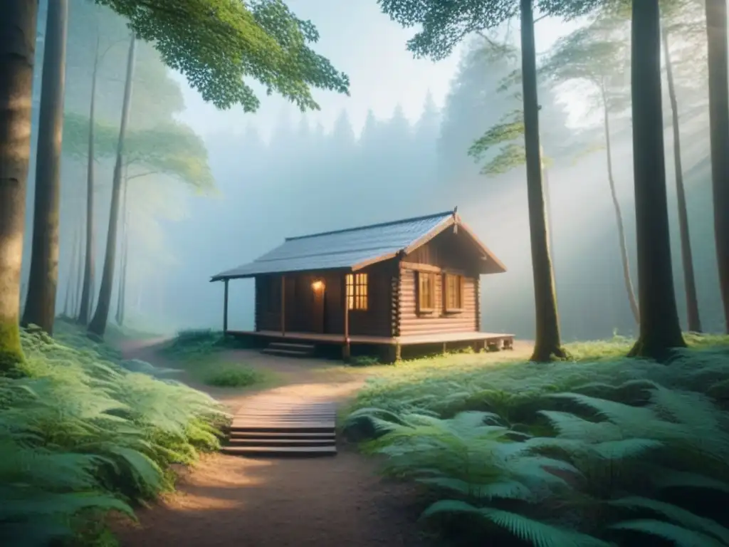 Retiros sostenibles en la naturaleza: cabaña en bosque verde con sendero de tranquilidad