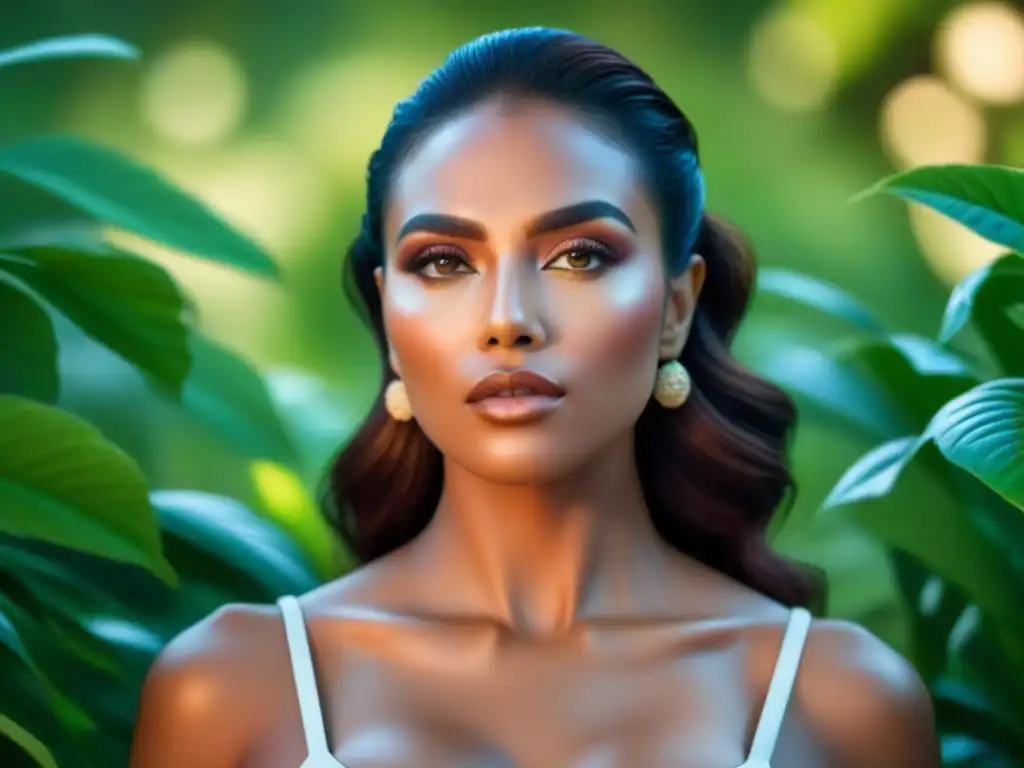 Retrato de mujer con maquillaje natural y rodeada de vegetación, simbolizando el maquillaje sostenible para la mujer consciente