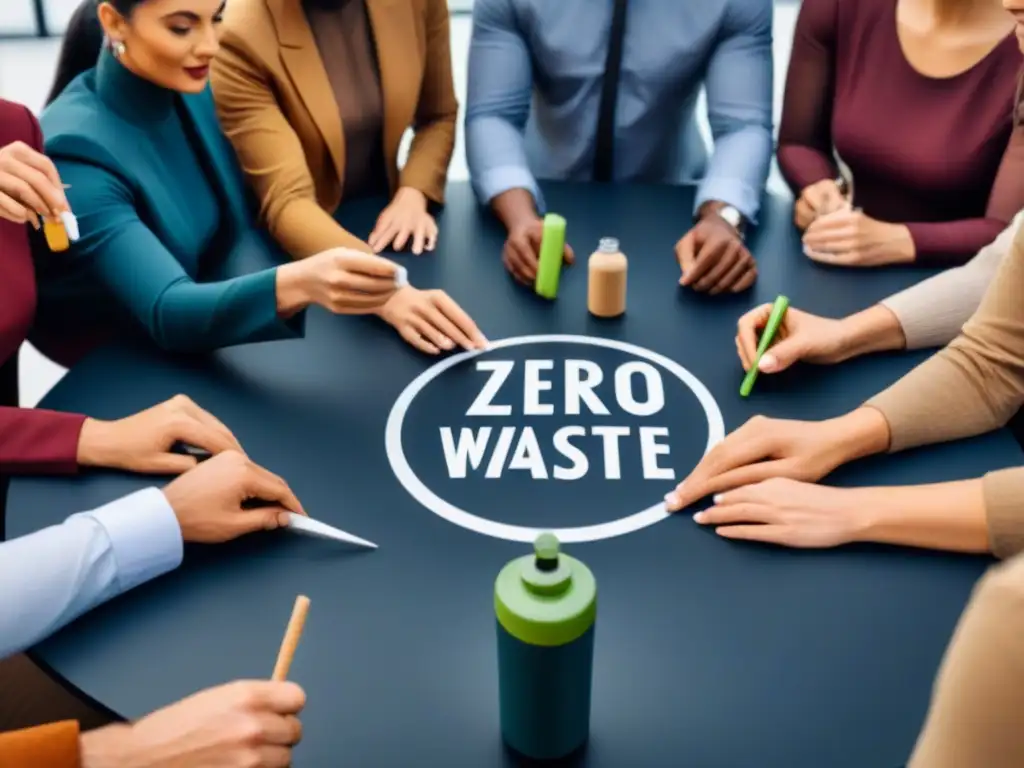 Una reunión estratégica en un espacio de oficina moderno, con personas diversas discutiendo productos sostenibles zero waste