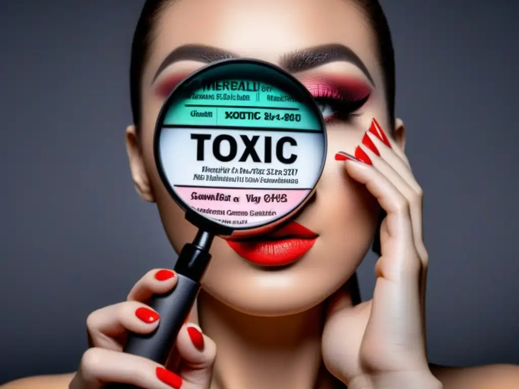 Revelando ingredientes tóxicos en cosméticos: peligros ocultos Explorando riesgos químicos en maquillaje: mano sostiene lupa sobre productos de belleza con etiquetas detalladas
