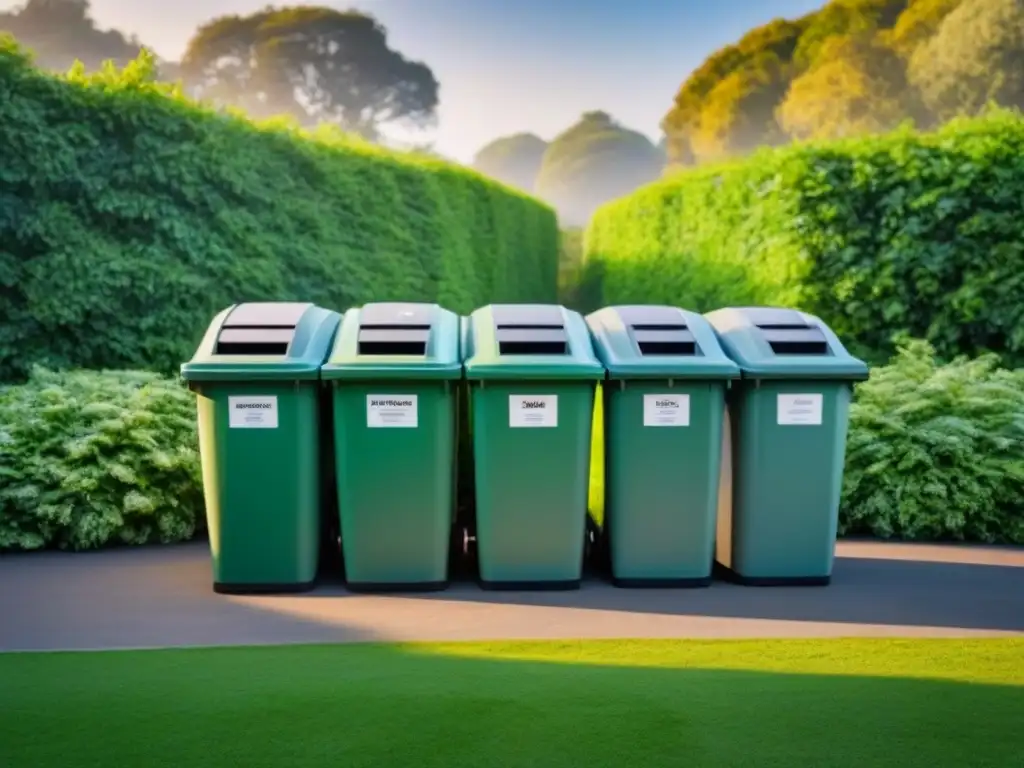 Un rincón de reciclaje perfectamente organizado en un jardín verde, con contenedores para vidrio, plástico, papel y metal etiquetados