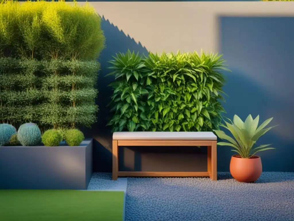 Un rincón sereno de jardinería zero waste en casa: banco de madera rodeado de plantas verdes en macetas ecológicas recicladas