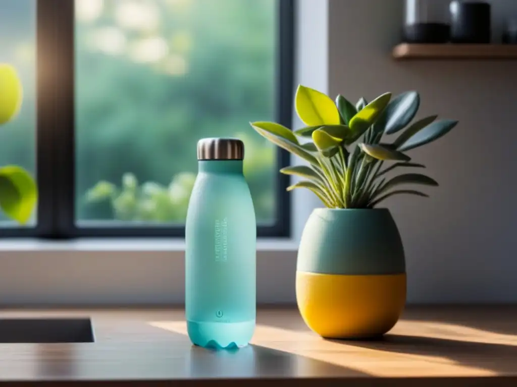 Elegante cocina eco: botella de vidrio con limonada, plantas y envoltorios de cera de abeja Un rincón sostenible y elegante: botella de agua, envolturas de cera, planta suculenta