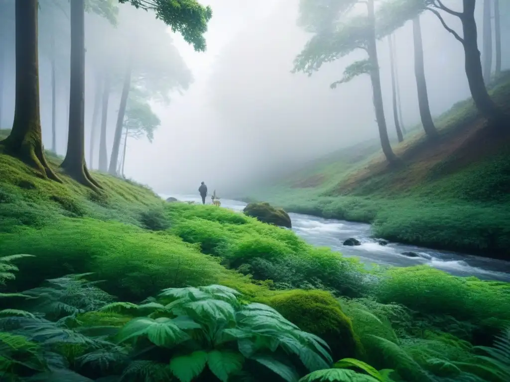 Un río serpentea por un bosque verde donde humanos y fauna coexisten en armonía, simbolizando la coexistencia en corredores biológicos