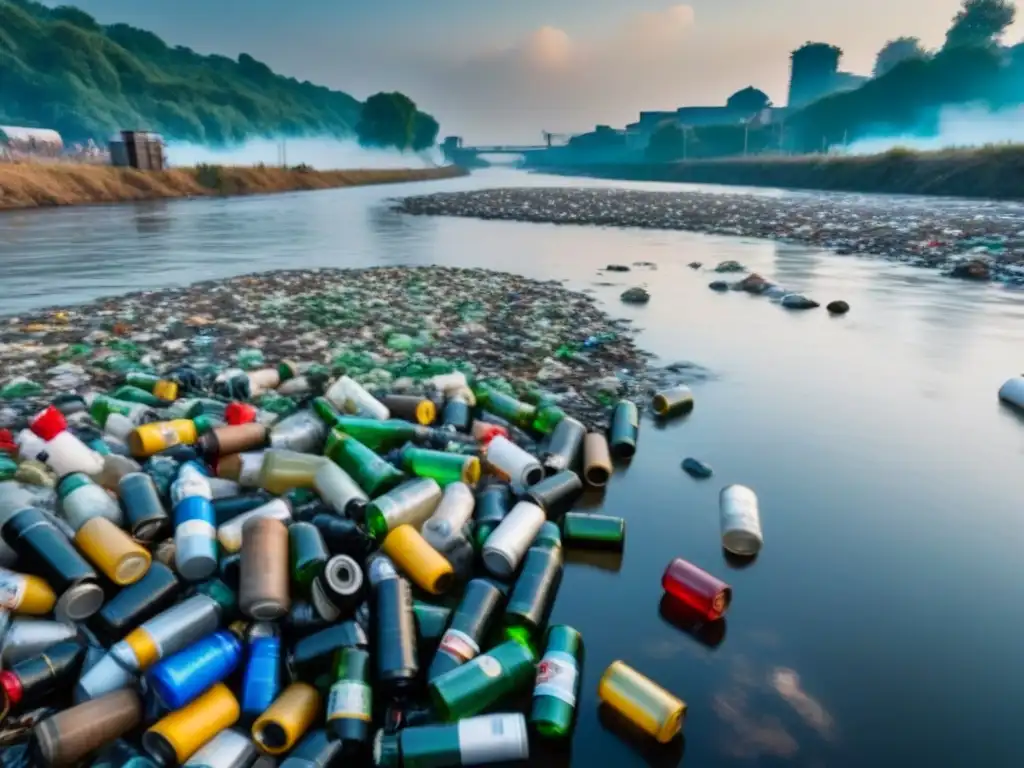 Un río contaminado por plástico y basura, con fábricas emitiendo humo al fondo