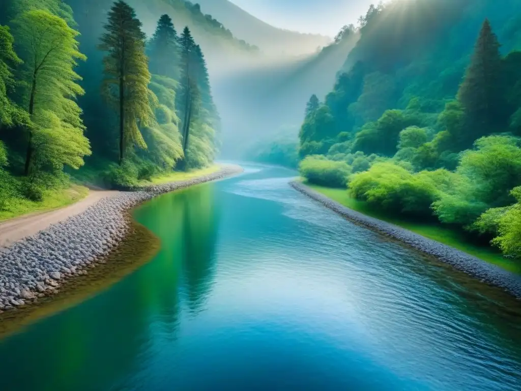 Un río cristalino serpentea entre un bosque exuberante, reflejando la pureza y serenidad