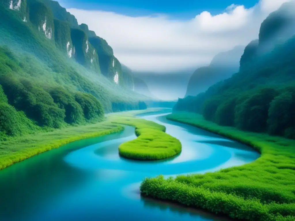 Río cristalino serpenteando en un bosque verde, reflejando el cielo azul