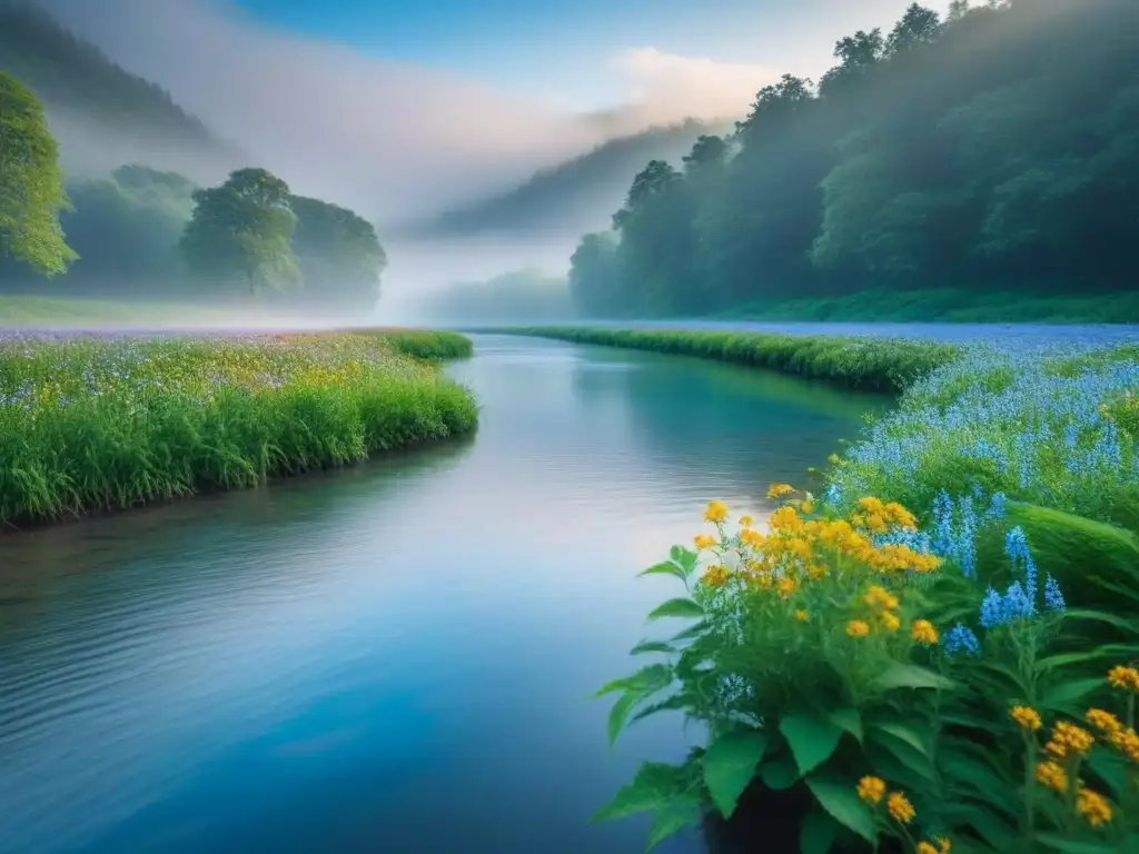 Un río cristalino fluye en un bosque verde, reflejando el cielo azul