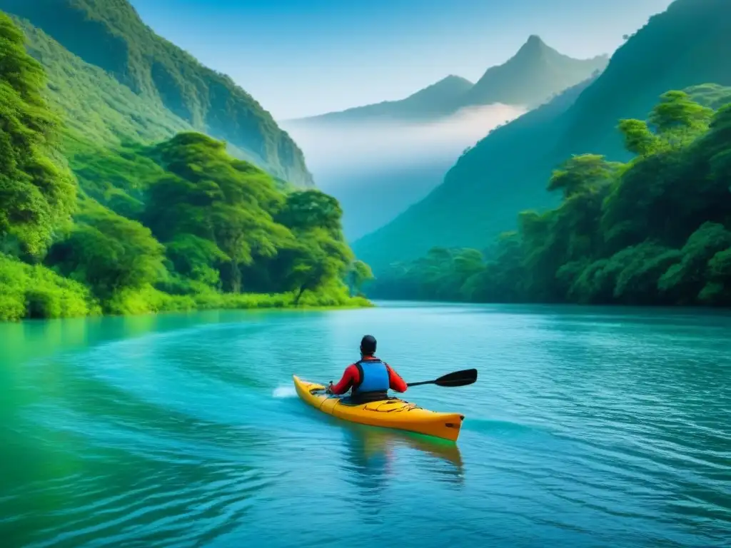 Un río cristalino serpentea entre bosques verdes, con un kayak deslizándose graciosamente en el agua, rodeado de montañas bajo un cielo azul