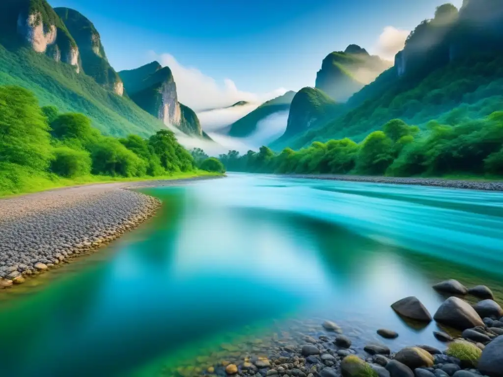 Río cristalino serpenteando entre bosques verdes, reflejando el cielo azul