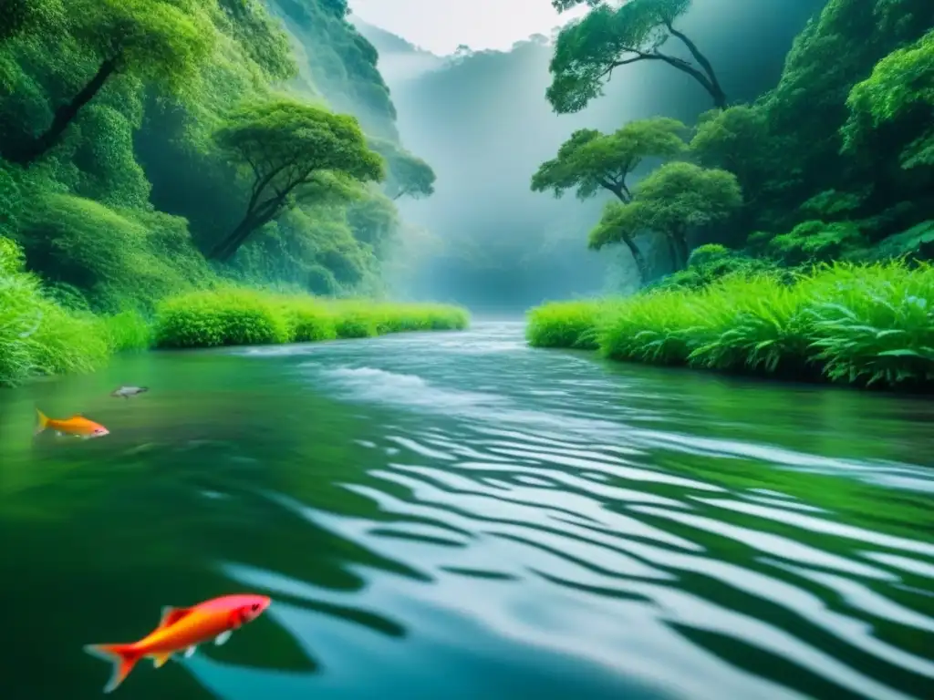 Un río cristalino fluyendo suavemente entre bosques verdes, lleno de peces coloridos