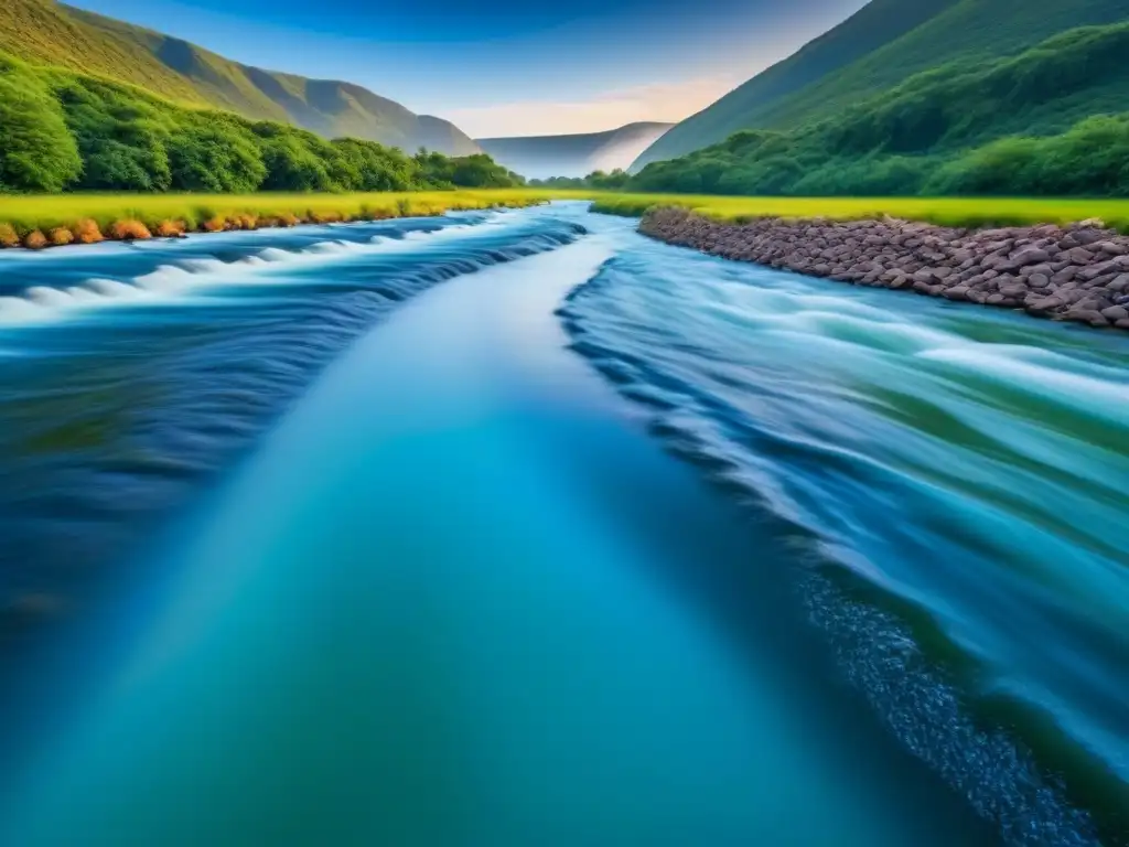 Un río cristalino fluye entre exuberante vegetación, reflejando un cielo azul, transmitiendo los beneficios del lyocell en moda sostenible