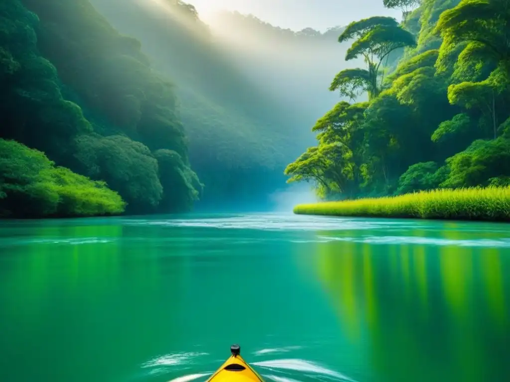 Kayak en río cristalino, rodeado de naturaleza, reflejando aventura sostenible