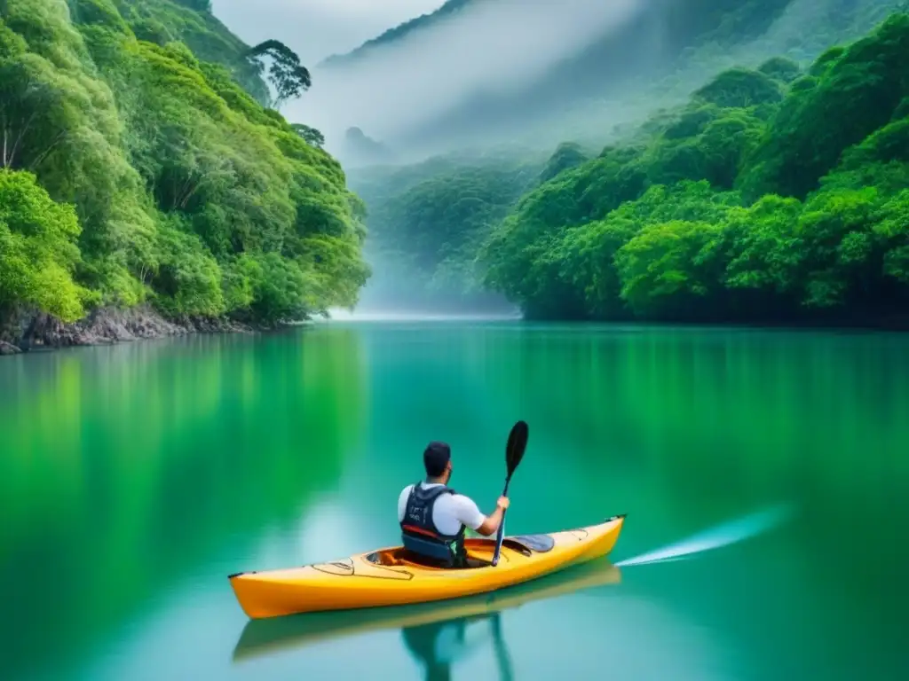 Un río cristalino serpenteando entre verdes bosques, con un kayak deslizándose en la superficie