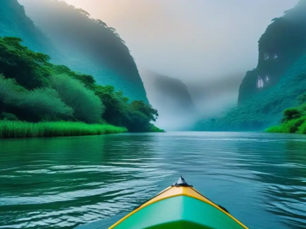 Kayak en río limpio, rodeado de naturaleza exuberante