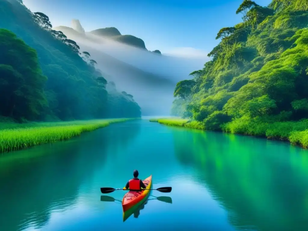 Kayak en río limpio rodeado de naturaleza en Turismo de Aventura Sostenible Ríos Limpios