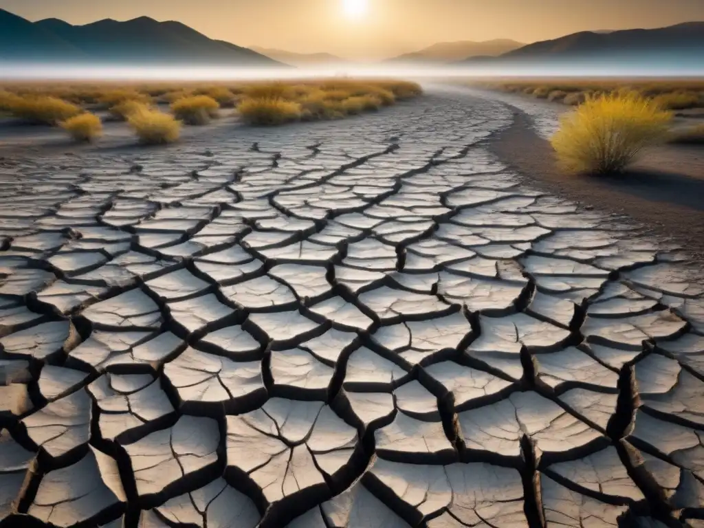 Un río seco y agrietado bajo el sol abrasador, reflejando la Escasez de agua dulce cambio climático