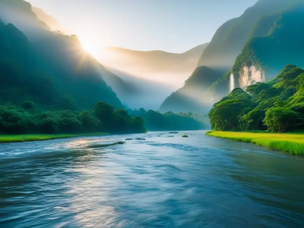 Río sereno fluyendo en un bosque verde, bañado por la luz dorada del sol