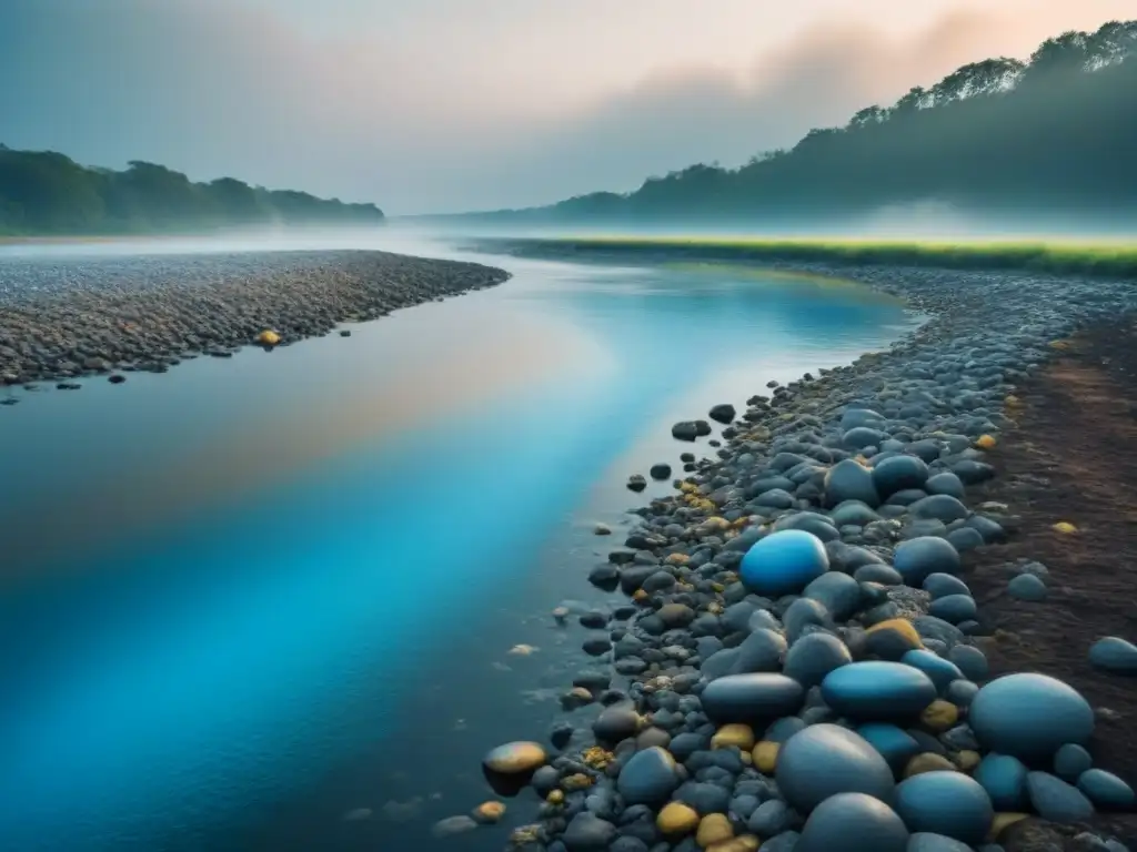 Un río sereno contaminado por residuos industriales, reflejando el impacto nocivo en la belleza natural del agua