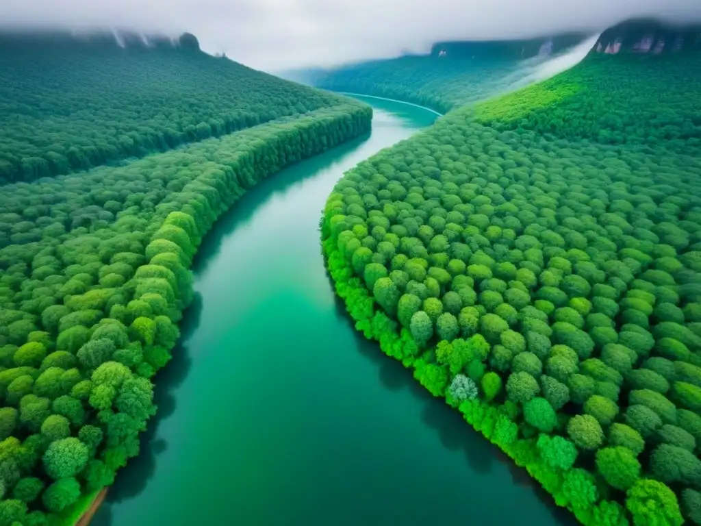 Un río serpenteante atraviesa un exuberante bosque verde, resaltando la armonía entre la naturaleza y el turismo sostenible dejar huella viaje