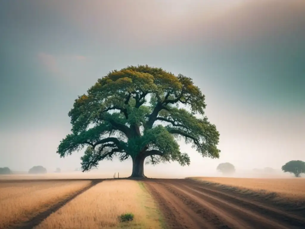 Un roble solitario y resistente destaca en un paisaje rural devastado por la sequía, reflejando el impacto del cambio climático en zonas rurales