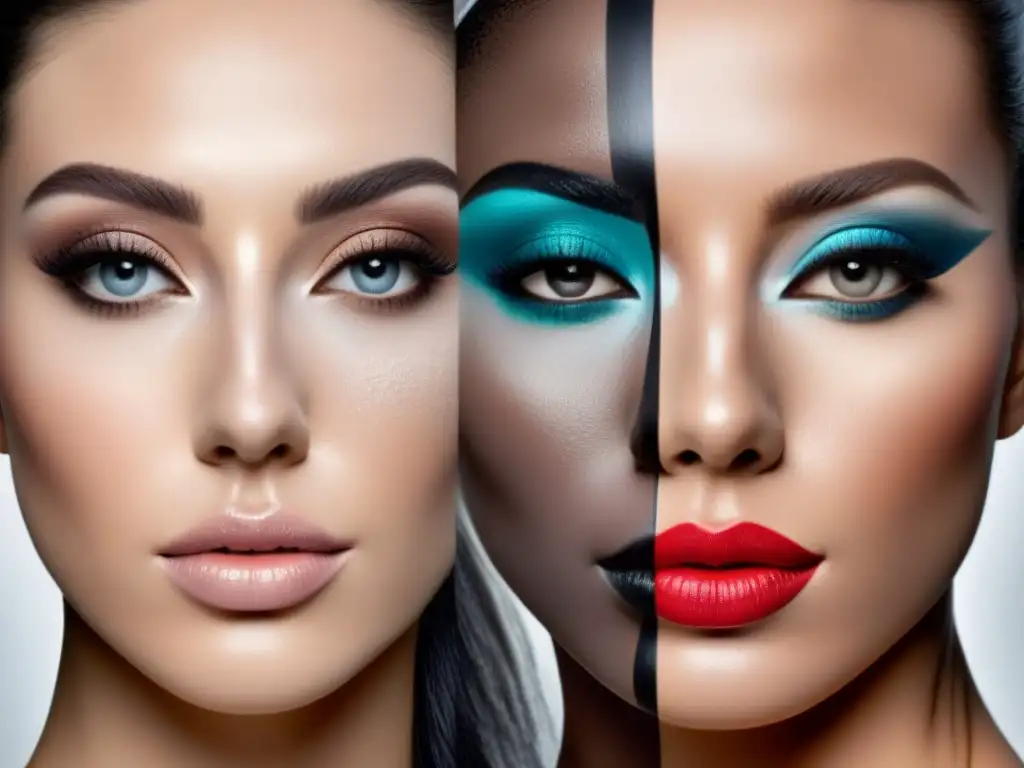 Contraste químico: maquillaje vs Rostro dividido: maquillaje químico vs piel natural en detalle