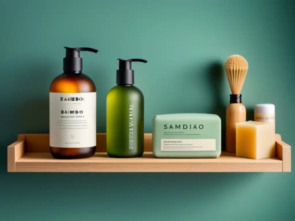 Una rutina de belleza con productos ecológicos en un estante de baño sereno y minimalista