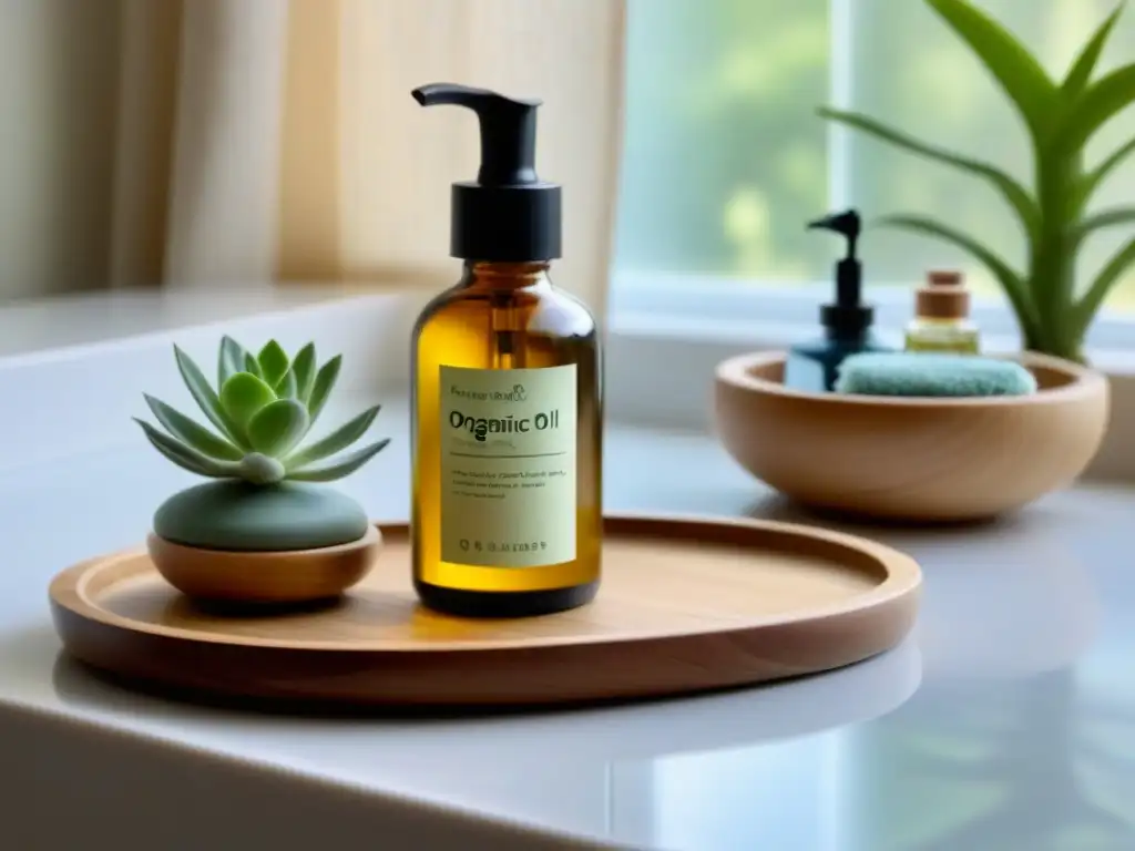 Una rutina de belleza con productos ecológicos: productos esenciales en un baño sereno y ecofriendly