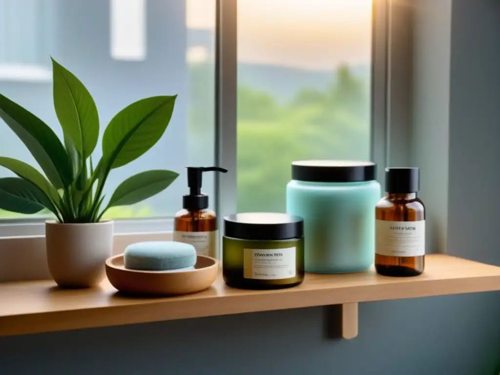 Rutina cuidado personal zero waste: Estantería de baño con productos ecológicos y luz suave filtrándose por la ventana