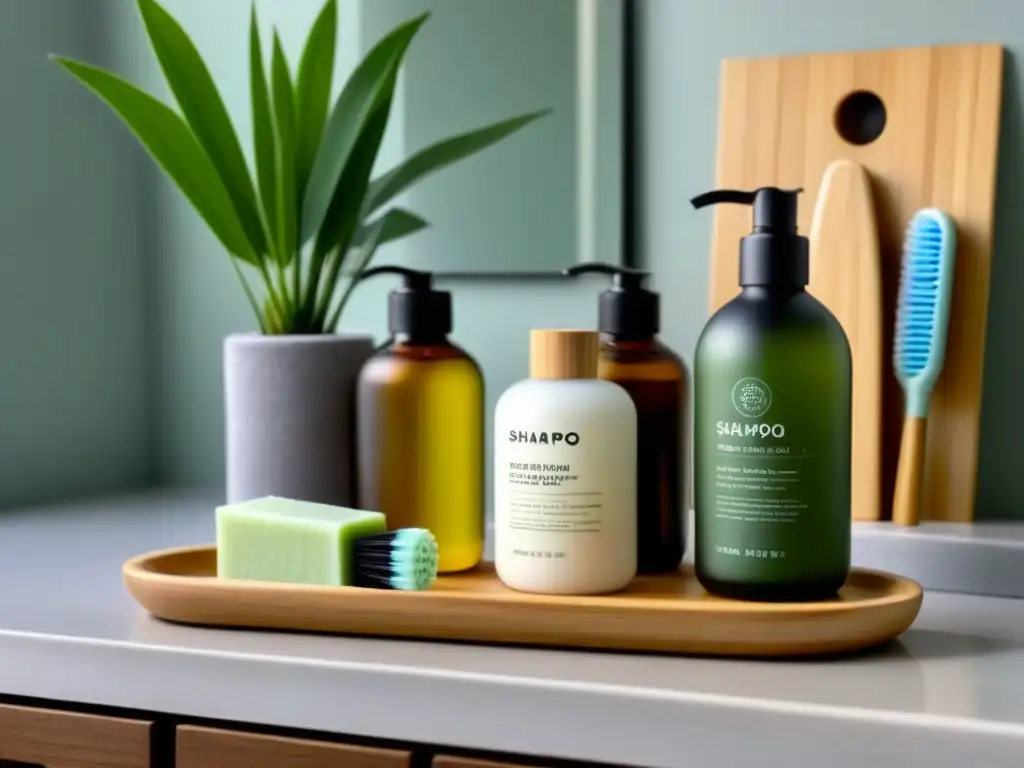 Una rutina de cuidado personal zero waste en un baño sereno y minimalista con productos recargables y accesorios sostenibles