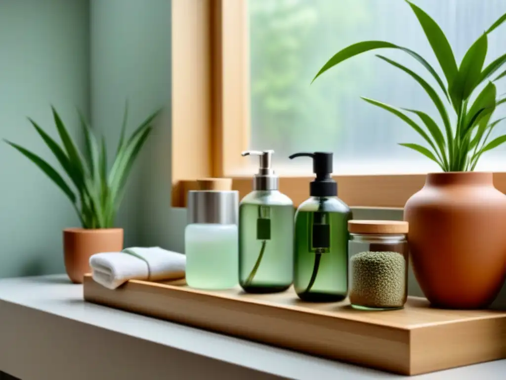 Rutina diaria zero waste baño: Un baño moderno y minimalista con productos ecológicos organizados en estantes de madera