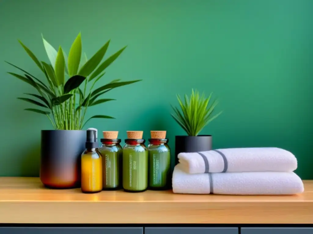 Rutina diaria zero waste baño: elegante tocador con productos sostenibles y planta verde en maceta minimalista