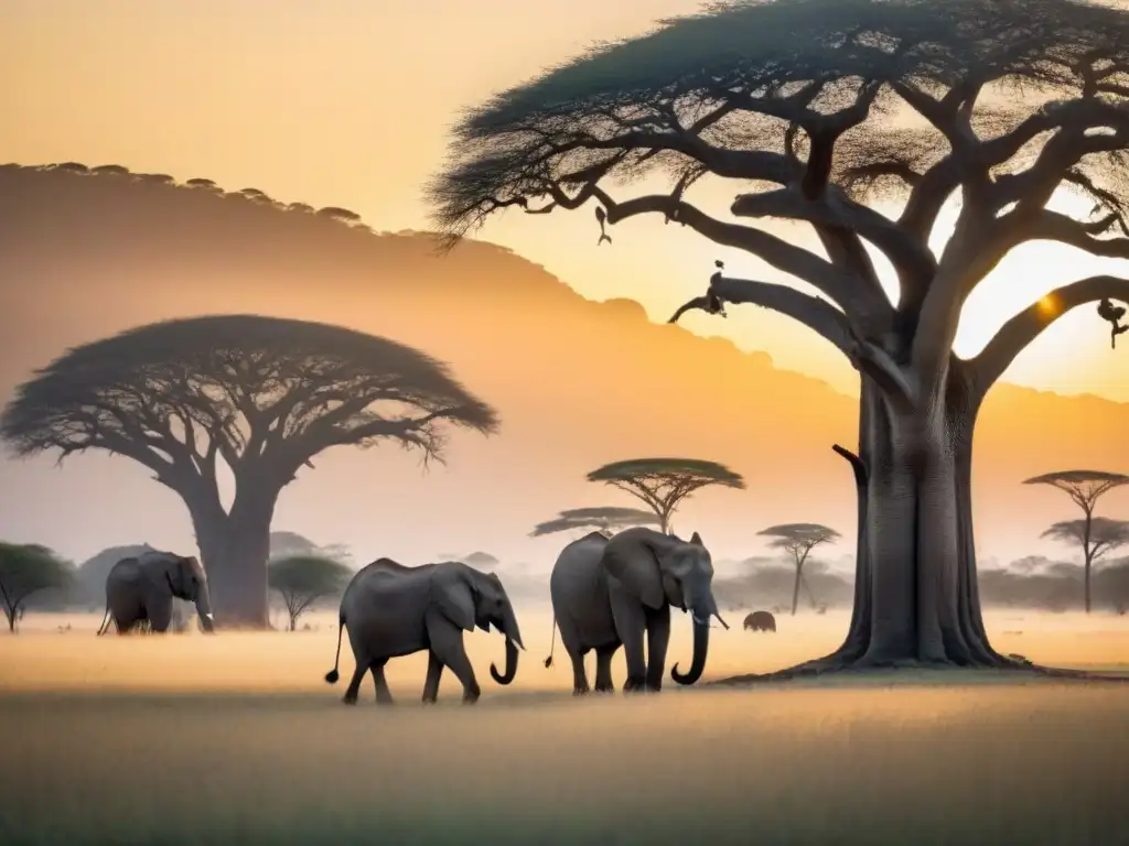 Escena mágica: elefantes y jirafas en la sabana al amanecer Un safari ecológico: elefantes pastando y jirafas deambulando bajo un baobab al amanecer en la sabana