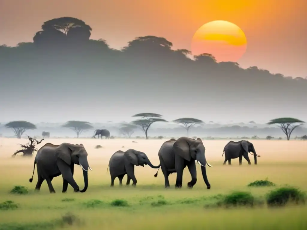 Serena sabana africana al atardecer con elefantes gráciles Safari ecológico observación fauna: Serenidad en la sabana al atardecer, elefantes majestuosos y árboles acacia en sombra