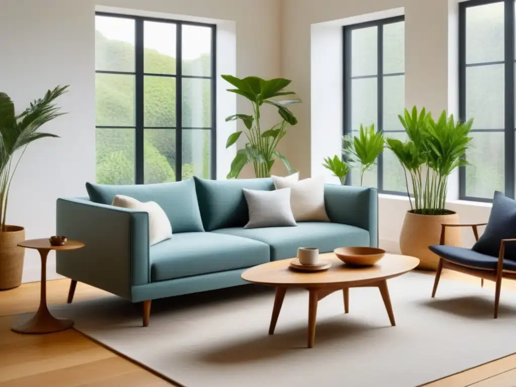 Sala ecofriendly: elegancia natural y sostenible Sala de estar moderna con muebles ecológicos de diseño interior sostenible, bañada en luz natural
