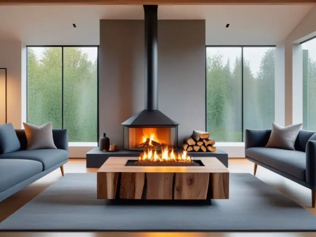 Un salón acogedor con una chimenea moderna y ecológica como punto focal