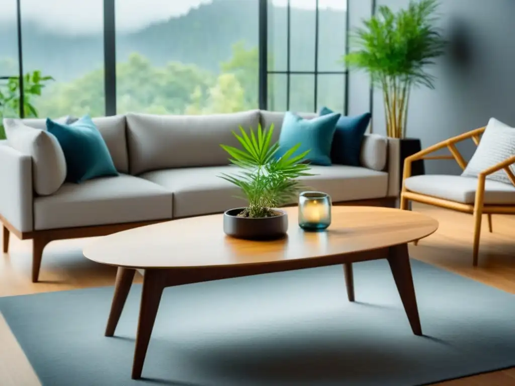 Sala ecológica con mesa de madera y sillas de bambú Salón ecológico con mesa de madera diseño sostenible rodeada de sillas bambú y jarrón reciclado lleno de vegetación