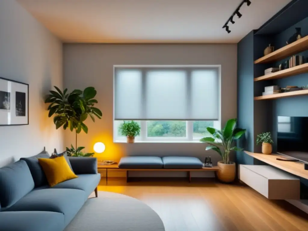Salón minimalista en apartamento pequeño con soluciones zero waste y plantas, enfocado en optimizar espacio