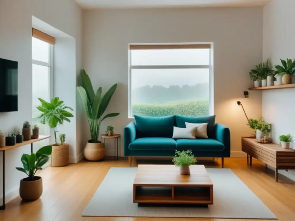Un salón minimalista en un apartamento pequeño con soluciones zero waste, muebles reciclados y plantas de interior para purificar el aire