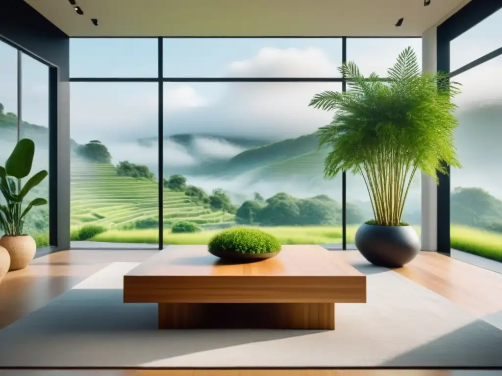 Salón minimalista ecofriendly con decoración sostenible y vistas panorámicas