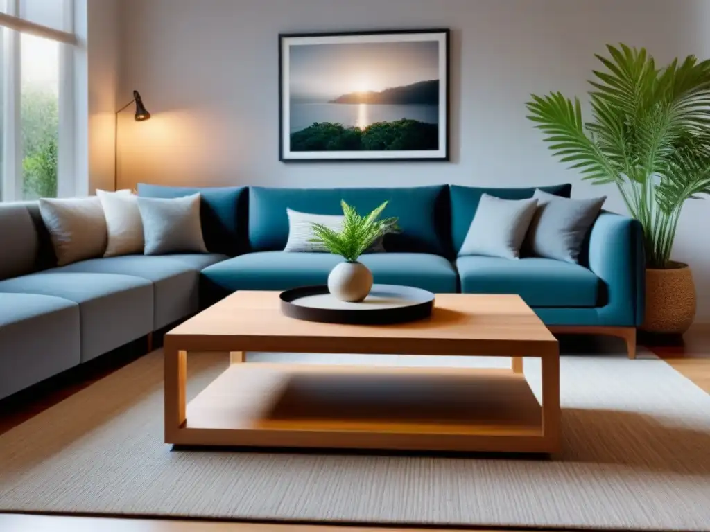 Salón minimalista con mesa de centro de madera sostenible Un salón minimalista con una mesa de café de madera sostenible, rodeada de muebles ecológicos y diseño interior sostenible