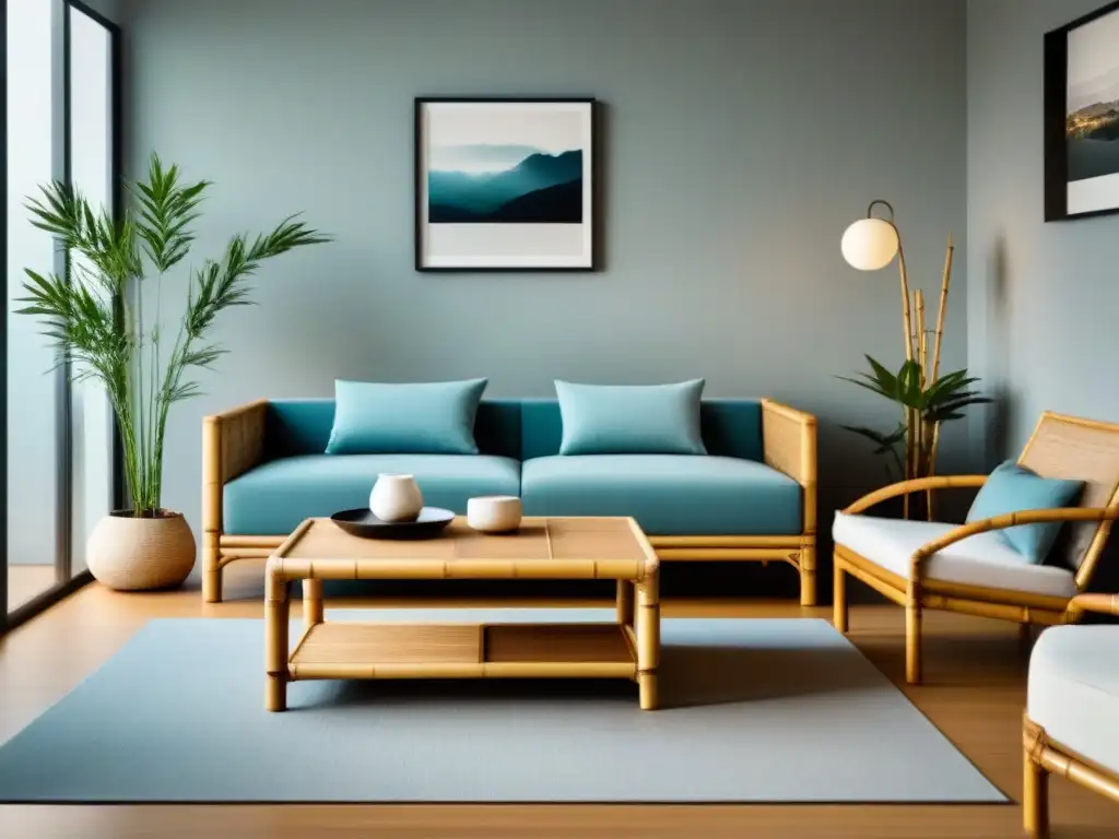 Un salón minimalista con muebles de bambú ecofriendly hogar, elegantes y sostenibles, bañados por luz natural